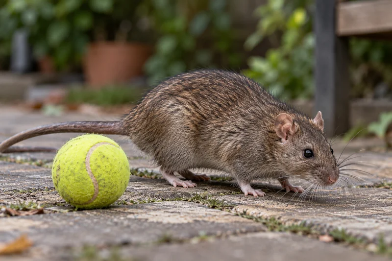 Roedor junto a pelota de tenis, fotografía ilustrativa para reconocimiento de plagas